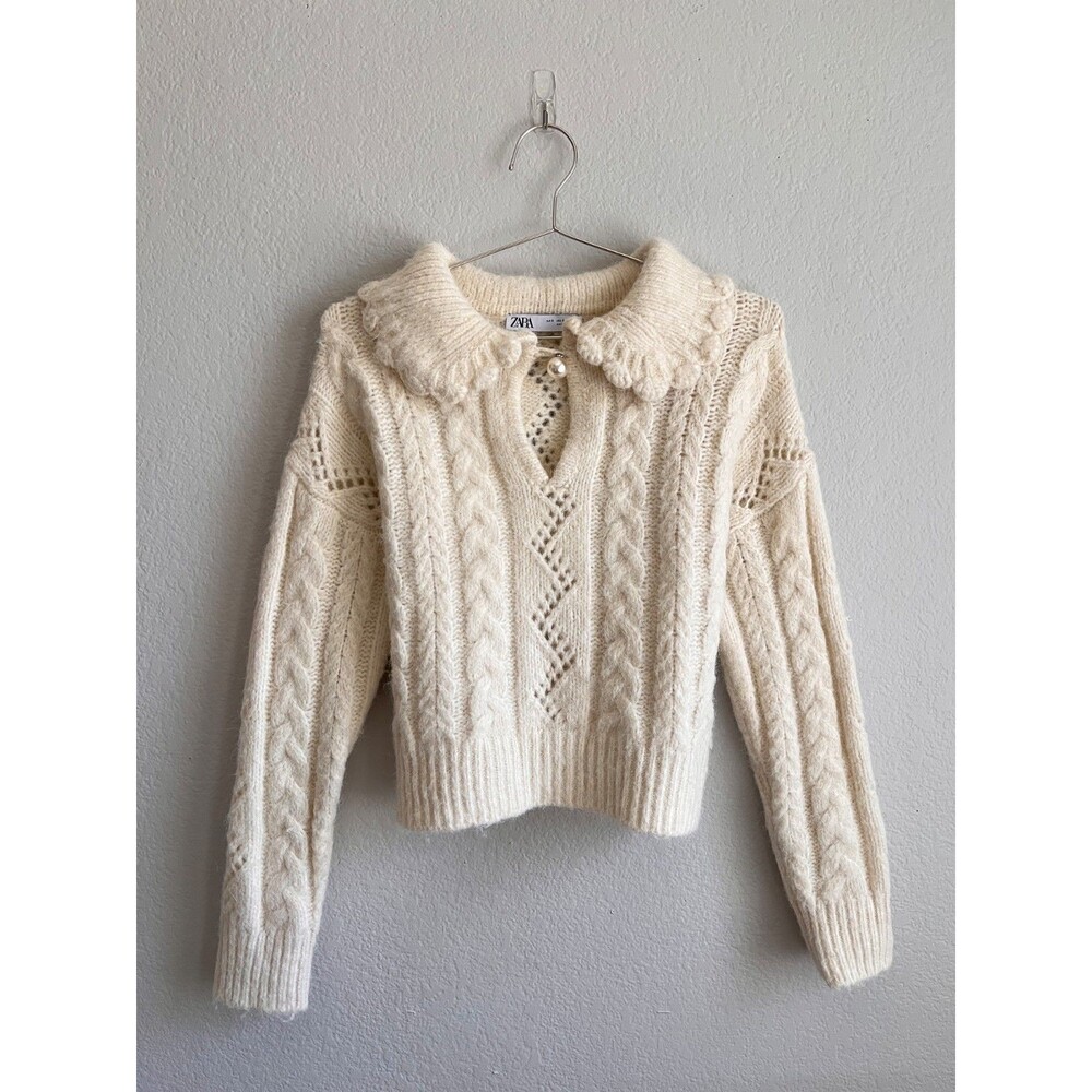 Zara Chunky Knit Peter Pan Collar Sweater in Cream Size SMALL